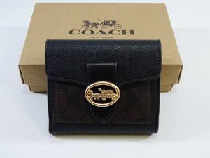 未使用 （02）コーチ coach コンパクト ウォレット 正規品 レザー 二つ折り財布 ブラック シグネチャー柄
