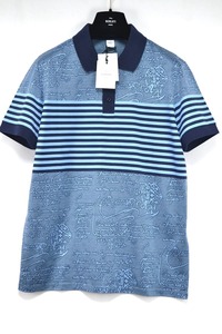 新品 (Berluti) Striped Scritto Polo Shirt Blue Majorelle ベルルッティ ストライプ スクリット ポロシャツ ブルー マジョレル サイズL