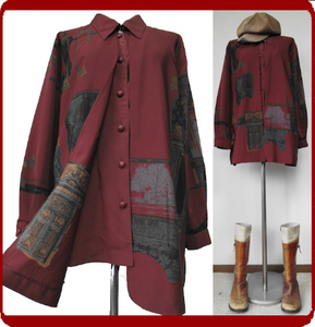古着♪レトロ・Vintage赤エンジスカーフ柄ブラウス♪柄シャツ70s60s70年代60年代80年代ヴィンテージ即決個性的昭和アンティーククラシカル
