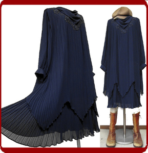 古着♪レトロ・Vintage紺プリーツドレスワンピ♪70s60s70年代60年代80年代ヴィンテージ日本製衣装式個性的昭和モダンアンティークラシカル