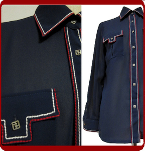 古着♪レトロ・Vintage紺赤白トリコロールステッチブラウス♪70s60s70年代60年代モッズヴィンテージ日本製衣装個性的昭和アンティーク