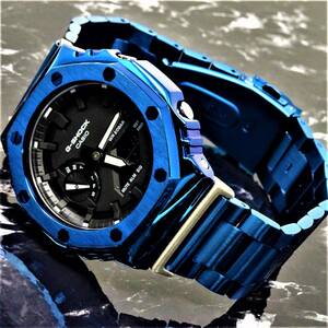 カシオメーカー保証付・未使用・新品・Gショックカスタム本体付きGA2100海外ステンレス製スカイブルーベゼルベルト・腕時計 ・カシオーク 
