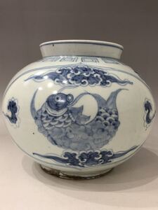 朝鮮美術 王朝美術 官窯 分院窯 李朝青花開光雲魚紋算盤壺 提灯壺 扁壺