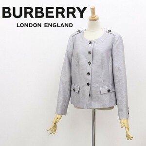 国内正規品◆BURBERRY LONDON バーバリー ロンドン シルク混 ノーカラー ジャケット グレー 44