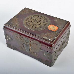 中国　唐木紫檀製　古銅装飾蝙蝠文　四方箱　小箱　印材箱　D　R4410