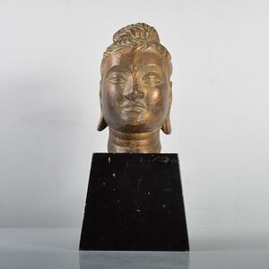仏教美術　古銅鍍金　仏頭　仏像　木製台付　D R4397C