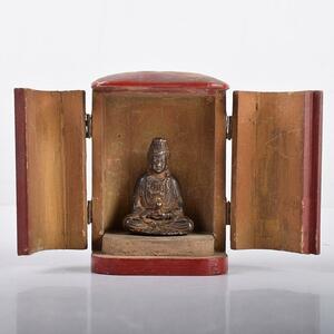 仏教美術　古銅　観音菩薩座像　仏像　置物　観音開逗子付　C　R3326