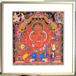【額縁入り】赤いガネーシャの曼陀羅 マンダラ タンカ 肉筆原画 ネパール製 外箱 壁掛け用紐付き