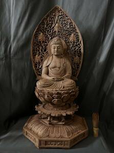 大型高62cm 仏教工芸品　総楠製　井波彫刻　極上彫　木彫仏像　阿弥陀如来座像