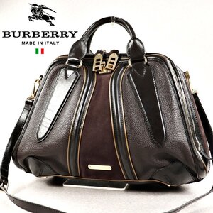 参考価格¥265,000- 美品 イタリア製 BURBERRY バーバリー 牛革 カーフレザー x スエード 2WAY ハンドバッグ 茶 トート ターンロック
