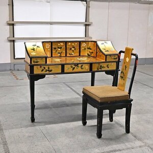 中国美術 デスク チェアセット 机 椅子 花柄 キャビネット 引き出し 豪華 ゴールド 金箔 アンティーク調 伝統 装飾