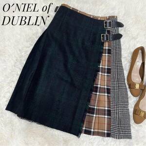 【美品】O′NIEL of DUBLIN オニールオブダブリン キルト チェック 千鳥格子 プリーツ ラップ スカート 台形スカート Sサイズ レディース