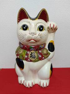 招き猫 多治見 郷土玩具 大きいサイズ 高さ37センチ 豪華前垂れ 骨董 古い時代 アンティーク 縁起物 猫 置物 九谷焼 瀬戸焼