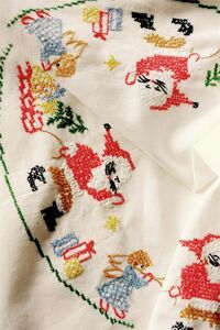 77x76cm　ドイツビンテージ　ハンドメイド　エンジェルとサンタクロースと童話的テーブルクロス　カーテン　刺繍　レトロ　クリスマス