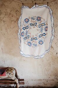 120x125cm フランスアンティーク　手刺繍手縫　リネン　マティス的青薔薇と雲の花粉とテーブルクロス　カーテン　ハンドメイド　ビンテージ