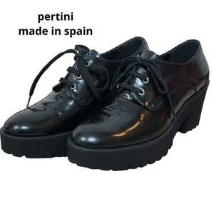 【未使用】スペイン製 ペルティニ pertini ヒール黒 プラットフォームシューズ 36 レースアップシューズ 革靴 ガラスレザー