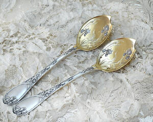 Puiforcat アイリス意匠純銀アイスクリームスプーンペア 特級品/美彫/純銀950/フレンチアンティーク/1800年後期/ピュイフォルカ