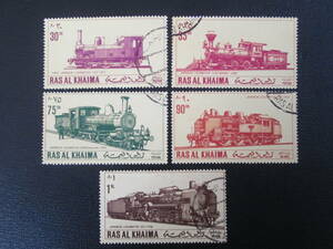 ラアス・アル＝ハイマ首長国切手　1971年　日本の蒸気機関車シリーズ　30DH～1RL : 1号機関車、弁慶号、ピーテン、D51など　5種　消印あり