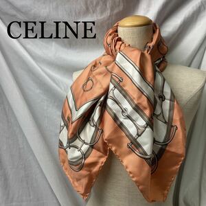 CELINE 大判スカーフ セリーヌシルク100% イタリア製　馬　ホース　オレンジ　