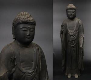 【T037】仏教美術 室町時代 玉眼 木彫 阿弥陀如来像 仏像