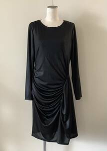 LAUREN Ralph Laure今季新品16♪Long Sleeve Side Runched Solid Black Foil Jersey Sheath Dress 黒ワンピース