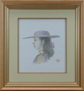 「真作」追悼　洋画界の人気実力作家　藤井 勉　「紫帽子の少女」　水彩　3号　サイン・印譜