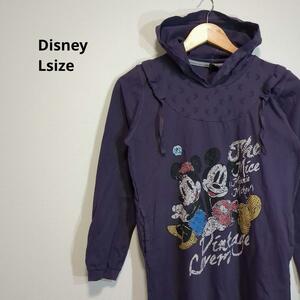 ディズニー長袖ロングＴシャツ　フード付き　紫　レディースL　23