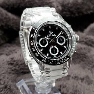 1円●RELAX リラックス 王冠ロゴ D8 腕時計 クロノ 爆発的な人気のあるモデルの一つ御時計 黒文字盤 所ジョージ