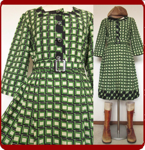 古着♪レトロ・Vintage緑ポップ柄モッズワンピ♪70s60s70年代60年代ヴィンテージ日本製衣装式個性的昭和長袖アンティークヨーロッパツイギ