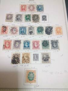 ブラジル、1866/79 初期切手貼りアルバムページ、カタログ総額約342＄分あり、