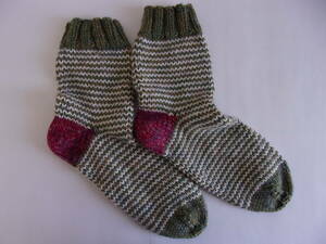 しましま２　毛糸の手編みソックス くつ下　23～24㎝　ハンドメイド 