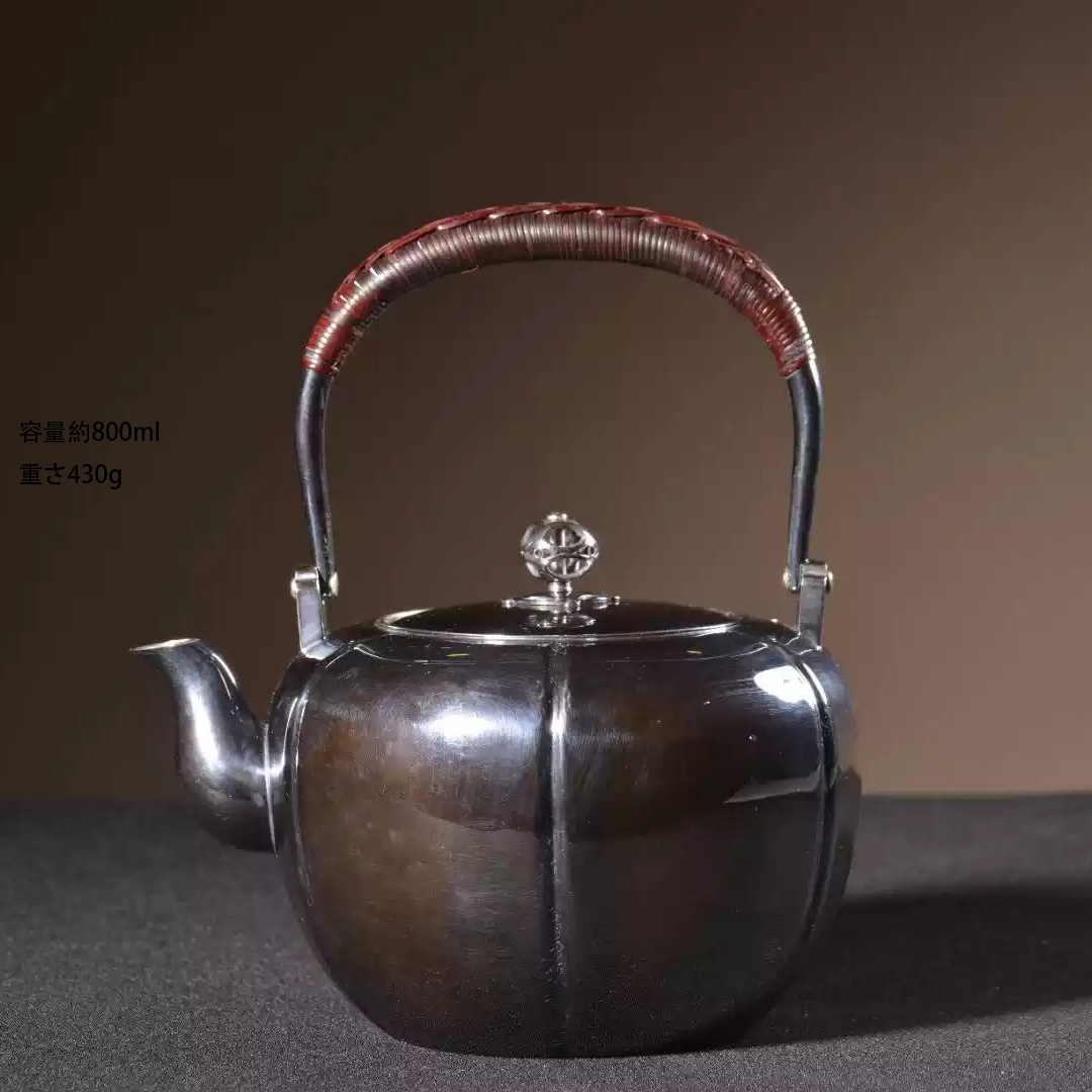 古銀 茶壺 「純銀鏨刻梅竹紋阿古陀形提梁壺」 銀瓶 煎茶 湯沸