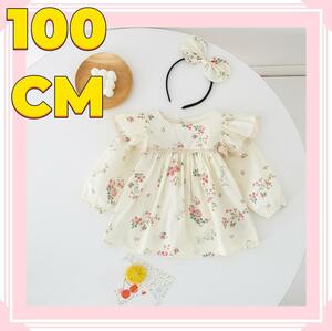 【100cm】ワンピース 女の子 ベビー 子供 ベージュバラ柄 赤ちゃん ドレス