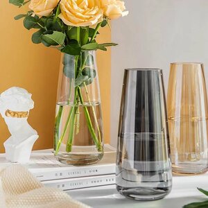 花瓶 ガラス花瓶 北欧 フラワーベース 透明 円柱 シンプル モダン ルームインテリア リビング 寝室 玄関 グレー