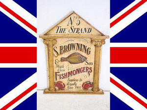 1970～80年代に英国で作られたヴィンテージの魚屋さんの看板　レストランやカフェにもおすすめのヨーロッパテイストの味わいのあるサイン