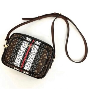 1円 バーバリー ◆新品未使用◆ Burberry ショルダーバッグ TB モノグラムストライプ カメラバッグ Eキャンバス PVC レザー 現行品 茶色