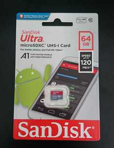 (送料無料、新品)SanDisk マイクロSDカード64GB 120mbs