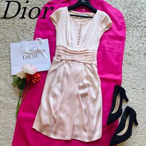 【美品】Christian Dior サテンドレス ピンク 半袖 膝丈 ギャザー クリスチャンディオール ハーフスリーブ
