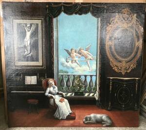◆眠る少女と天使と犬（仮題）1835年代の油彩画、アンティーク絵画◆（エンゼル天使、キリスト画、不思議の国のアリス、おとぎ話、童話）