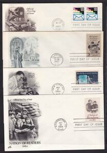 アメリカ切手　初日印カバー　コイル切手記念1985　アメリカの自由1957　健康研究1984　読書も国1984