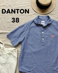 送料無料【DANTON ダントン】ギンガムチェック 半袖シャツ 38 ブルー コットン プルオーバー ブラウス