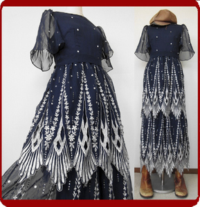 古着♪レトロ・Vintage紺白刺繍ドレスワンピ♪70s60s70年代60年代80年代ヴィンテージ日本製衣装式個性的昭和半袖春夏アンティークラシカル