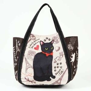 トートバッグ 黒猫　ネコ柄　バルーントートバッグ　バルーントート　トート　大きめ　A4対応　ファスナー　かわいい　ネコ雑貨　猫好き