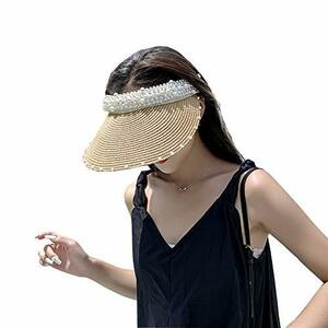[LeafIn]サンバイザー レディース レディースバイザー 帽子 麦わら パール 日焼け防止 UVカット 紫外線対策 つば広 夏