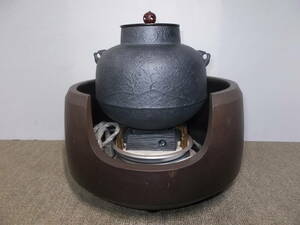 [即決有]茶道具 電熱器風炉釜セット 野々田電熱器 唐銅風炉 茶釜 底瓦