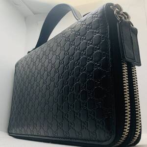 【極美品】グッチ GUCCI マイクロシマレザー オーガナイザー長財布 トラベルケースダブルファスナー ラウンドファスナー 黒ブラック メンズ