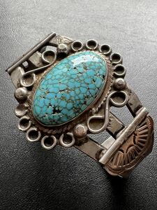 NAVAJO 【OLD PAWN】 1930〜40s Turquoise coin silver ingot ターコイズ バングル ヴィンテージ ナバホ インディアンジュエリー ホピ