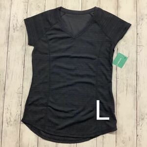 レディース ヨガウェア スポーツウェア 吸水速乾 半袖 ランニング 韓国 L 半袖Tシャツ ブラック VネックTシャツ
