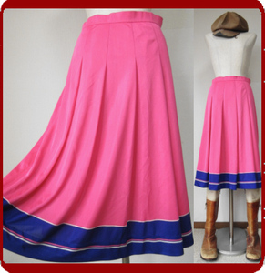 古着♪レトロ・Vintageピンク青ポップフレアースカート♪70s60s70年代60年代カラフル派手ヴィンテージ日本製衣装個性的昭和即決