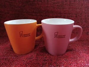 非売品未使用◆ ミスタードーナツマグカップ2個セット ◆ミスド陶器製 マグカップ◆オレンジ色、ピンク色/コーヒーカップ/